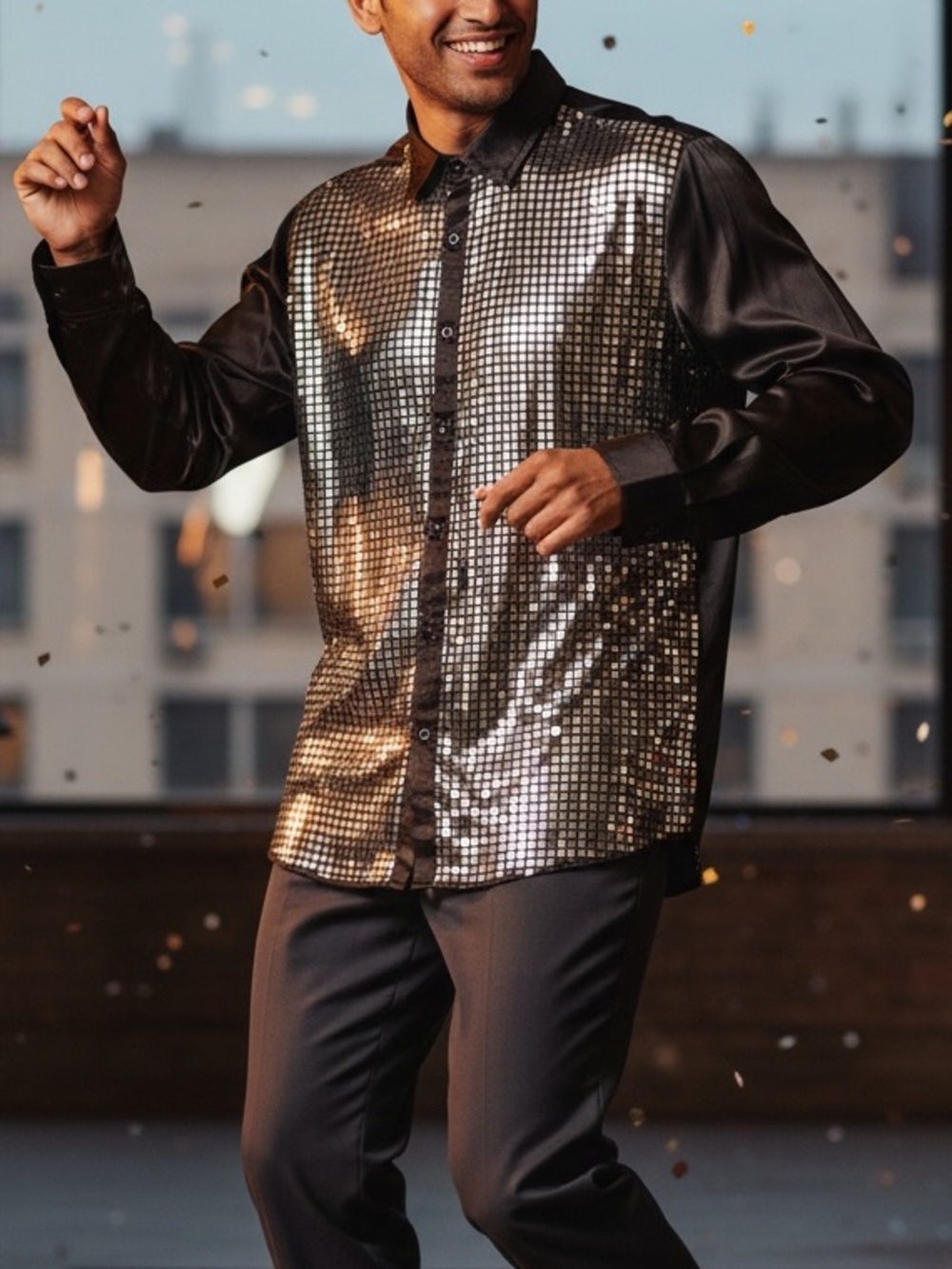 Jogal Men's Black Button-Down Shirt with Silver Sequin Grid XL